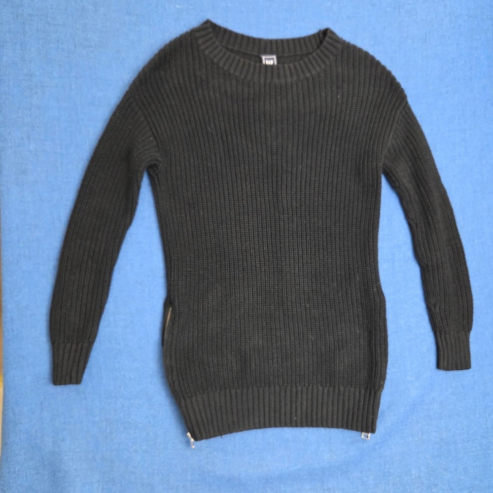 GAP Black Ribbed Knit Sweater Women's XS 100% Cotton Side Zip Pullover Crewneck